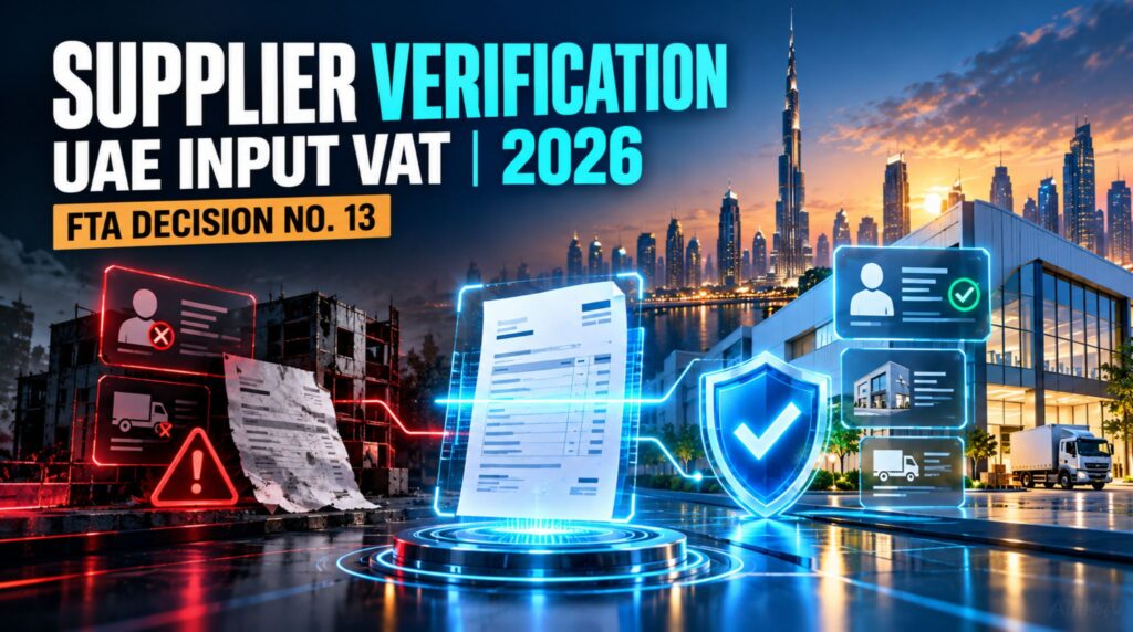 Create a visually striking, premium editorial blog featured image for a UAE tax consultancy website. **Blog topic:** Supplier Verification for Input VAT in the UAE: What FTA Decision No. 13 Requires **Image size:** 1200 × 675 px, landscape 16:9 aspect ratio. ### 1. Main Creative Concept Design a bold, contemporary fintech editorial cover that visualizes the difference between a genuine supplier and a suspicious supplier. The image should communicate VAT compliance, supplier due diligence, fraud prevention, and the UAE's updated 2026 tax requirements. Use a dramatic split-screen composition. On the left, show a suspicious supplier represented by a dark, fragmented business profile, a questionable invoice, and subtle red warning indicators. On the right, show a verified supplier represented by a polished business profile, authentic-looking corporate documents, a physical business location, and a luminous cyan verification shield. Connect both sides through a central VAT invoice being scanned by a sophisticated digital verification interface. Add a subtle Dubai skyline silhouette in the background to establish the UAE context. ### 2. Headline Typography — Essential Include the following exact headline text in the image: **SUPPLIER VERIFICATION** **UAE INPUT VAT | 2026** **FTA DECISION NO. 13** Use bold, oversized, condensed sans-serif typography with excellent readability. Make “SUPPLIER VERIFICATION” the dominant headline, “UAE INPUT VAT | 2026” the secondary line, and “FTA DECISION NO. 13” a smaller, high-contrast label. Ensure every word is spelled correctly. Keep the text crisp, professionally aligned, and legible at thumbnail size. Do not add any other text. ### 3. Visual Style - Contemporary financial editorial design inspired by premium fintech publications. - Deep midnight navy background with electric cyan, clean white, and selective vivid orange accents. - High-contrast lighting and realistic 3D document elements. - Refined glassmorphism, subtle grid patterns, layered geometric shapes, and elegant digital interface details. - Strong depth, directional lighting, and a polished advertising-quality finish. - Bold, modern, authoritative, and visually memorable. ### 4. Layout and Composition Place the main headline in the upper-left portion, with the supplier verification visual occupying the center and right side. Maintain clear separation between text and visual elements. Use a structured editorial grid, generous spacing, and strong visual hierarchy. Ensure the text and key imagery remain inside the central safe area for responsive cropping. Avoid overcrowding the design. ### 5. Strict Design Requirements - Exact canvas: 1200 × 675 px. - Include only the three specified text lines. - No logos, watermarks, fabricated government seals, or fake official FTA branding. - Do not imply that verification automatically guarantees input VAT recovery. - Avoid generic office photography, people shaking hands, traditional accounting desks, and outdated corporate templates. - Prioritize readability, originality, visual impact, and professional credibility. supplier-verification-uae